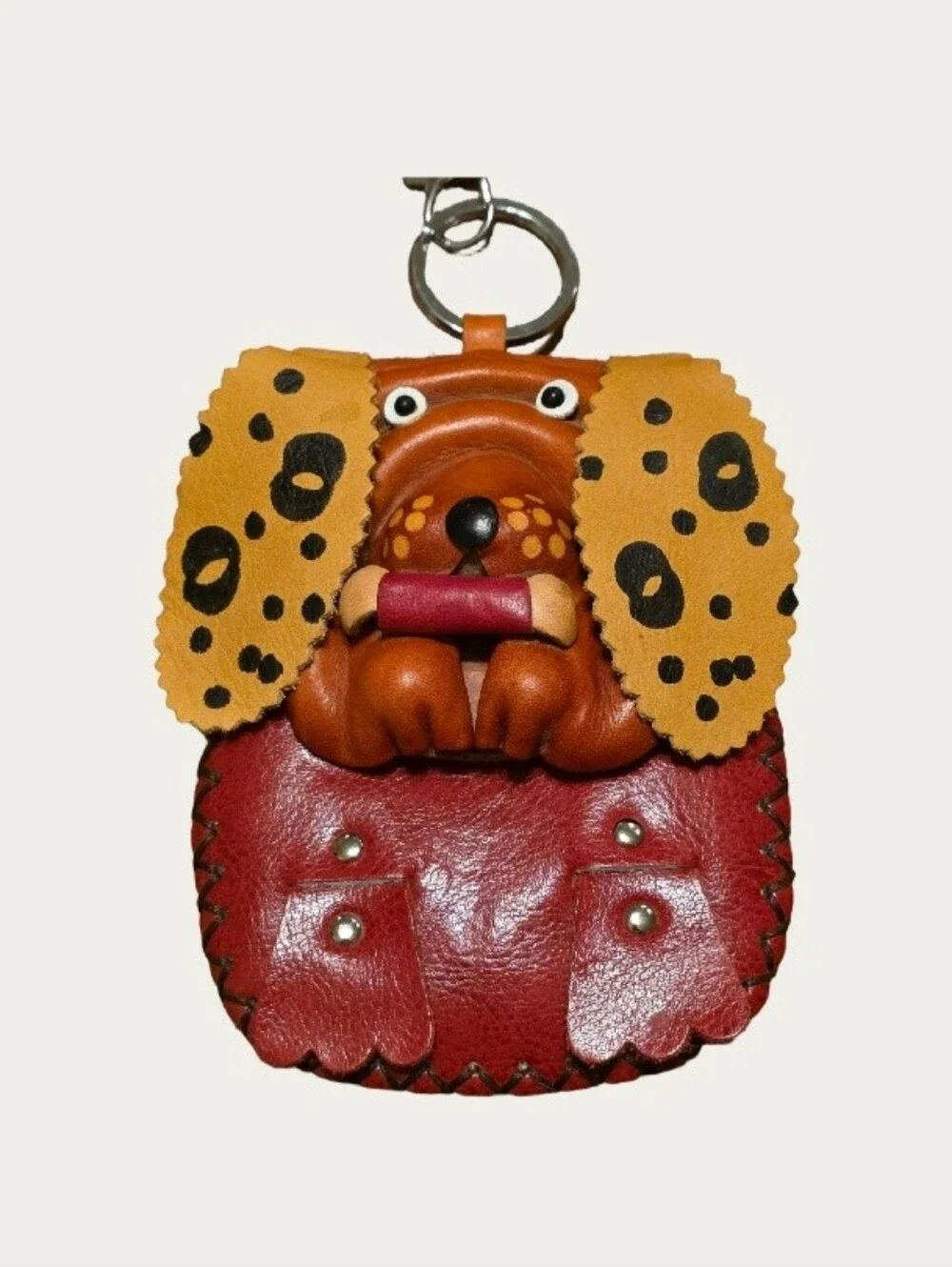 Adorable Handmade Vintage 3D Tooled Leather Dog Coin Purse Wristlet Bag Charm🐾